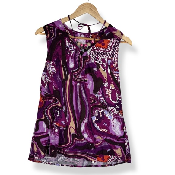 dressbarn Tops - Y2K Purple Abstract Beaded Neck Top Womens Size XL Artsy Indie Boho Made In USA